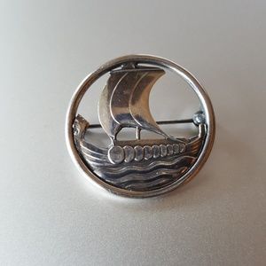 Mid-Century Sterling Viking Ship Brooch Signed COF